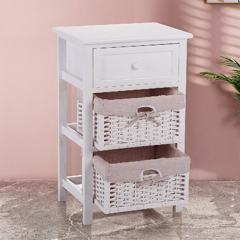 White High Density Board Nightstand with Two Removable Baskets - Modern Bedside Table with Tall Legs - Practical and Chic