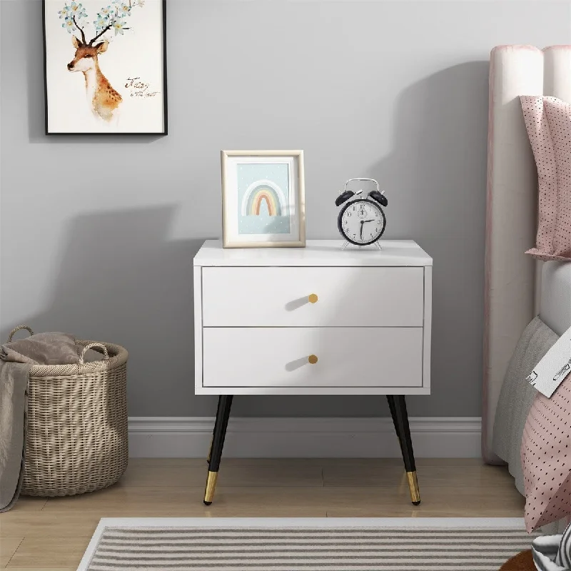 White MDF Bedside Cabinet with Two Drawers for Storage