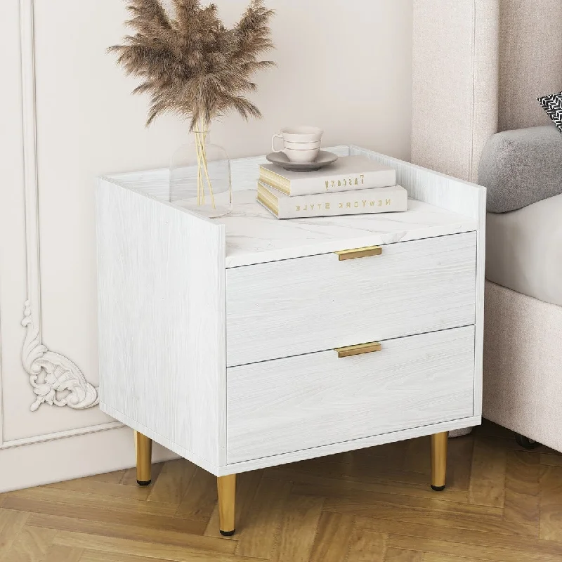 White Modern Wooden Bedside Table with Two Drawers and Marble tabletop, With a Minimalist Design, Suitable for Bedrooms