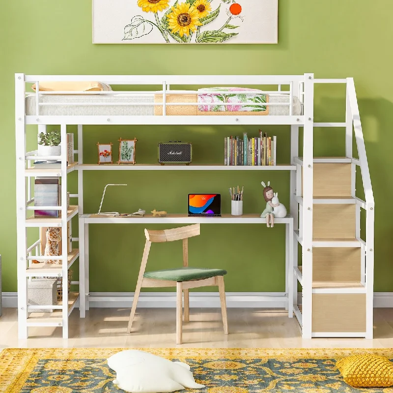 White Simple Loft Twin Bed with All-in-one Multiple Shelves Desk