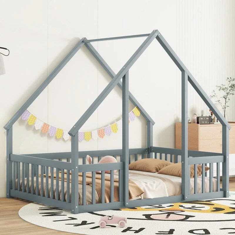 Wood House-Shaped Floor Bed with Fence and Guardrails