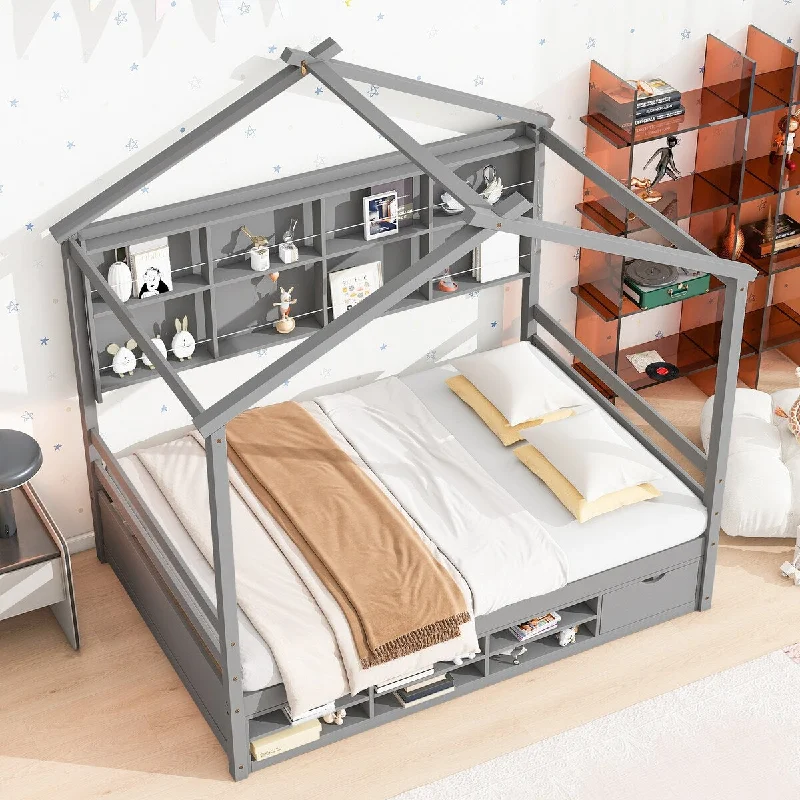 Wooden Full House Bed Semi-enclosed Roof, Storage Shelves - Grey