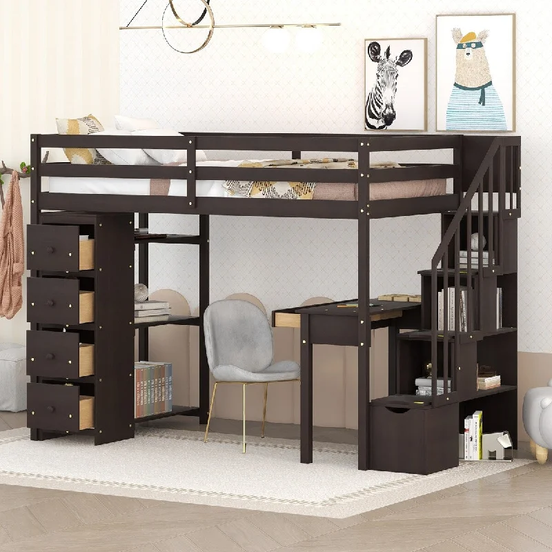 Wooden Twin Size Loft Bed Frame with Desk, Storage Stairs, Drawers, Multi-layer Shelves and Guardrails for Kids, Teens