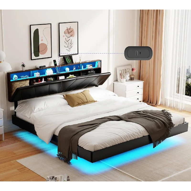 XINMICS Floating Bed Frame Queen/King Size with Charging Station & Storage