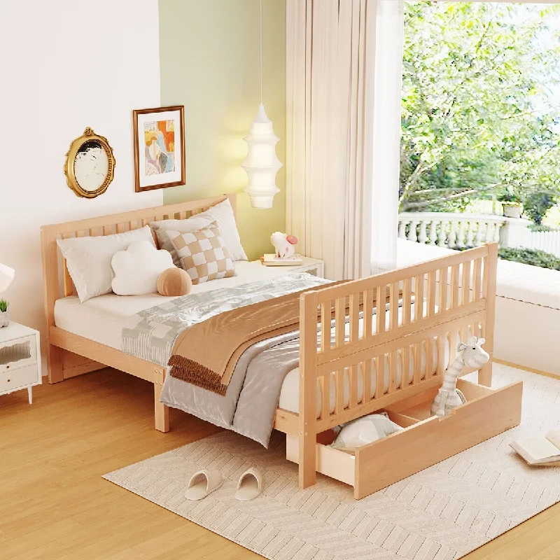 Natural Full Crib Convertible Bed w/ Drawers and 3 Adjustable Mattress