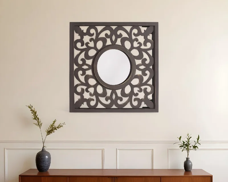 24" Circle In Square Vintage Style Framed Accent Mirror - Brown