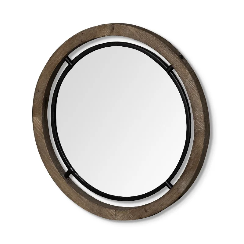 28" Wood And Black Metal Double Frame Wall Mirror - Brown