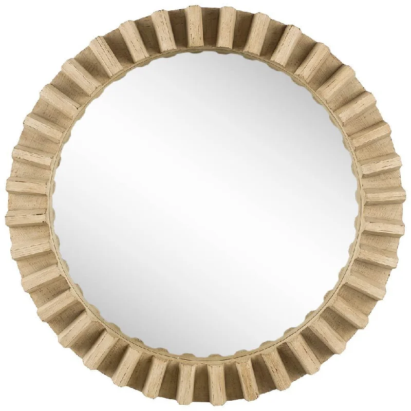 35" Round Wood Frame Wall Mirror - Natural Brown