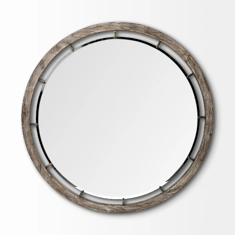 46" Round Wood Frame Wall Mirror - Brown