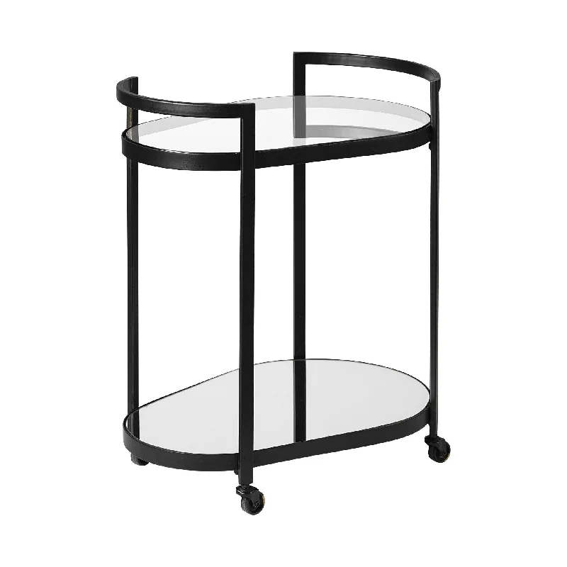 Cyclider Metal With Two Mirror Glass Shelves Bar Cart - Black